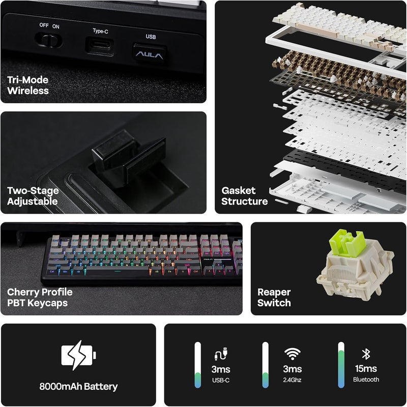 EPOMAKER X Aula F108 PRO Wireless Gaming Keyboard with Screen, 8000mAh Battery, 104 Hot-Swappable and Programmable Keys and Knob, RGB Backlight, for Mac/PC/Android (Black Gradient) - Image 3